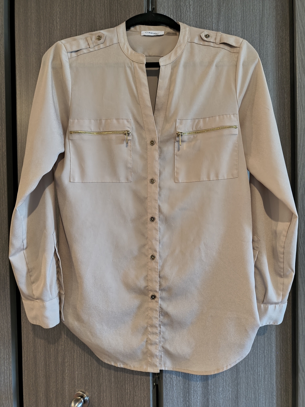 Calvin Klein Gold Button Down Zipper Blouse Office Cute Classy Modern